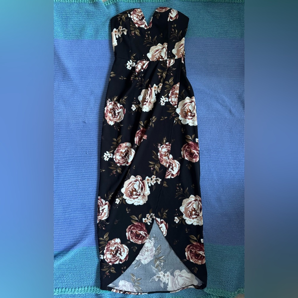Strapless Floral Black Dress